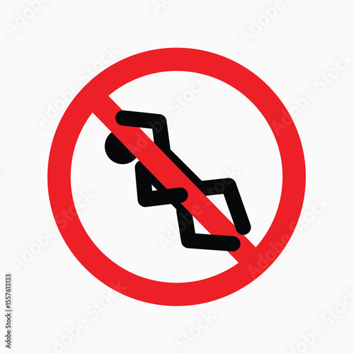 "No Sitting Sign: A minimalist yet effective symbol, a stick figure is crossed out with a red circle, immediately and universally communicates "no sitting" for anyone. conveying clear, direct.