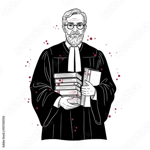 Senior lawyer holding stack of law books

