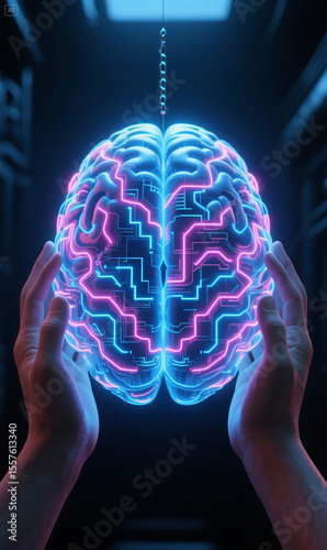 Futuristic Neon Brain in Hands – Concept of Artificial Intelligence and Human Connection