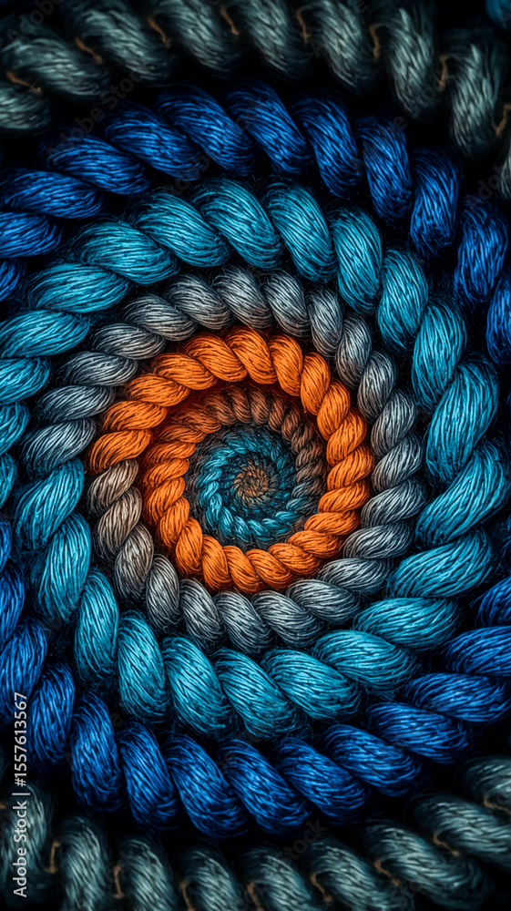 Obraz premium Intricate spiral pattern of braided yarn in shades of blue orange and gray