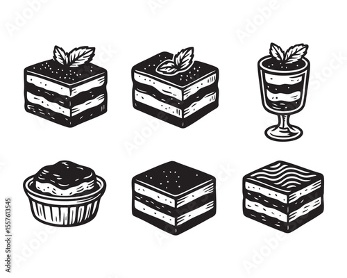 Hand Drawn Layered Dessert and Tiramisu Icon Set vector