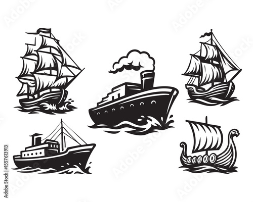 Vintage Vector Ship Collection with Sailing Boats, Steamships, and Viking Vessel