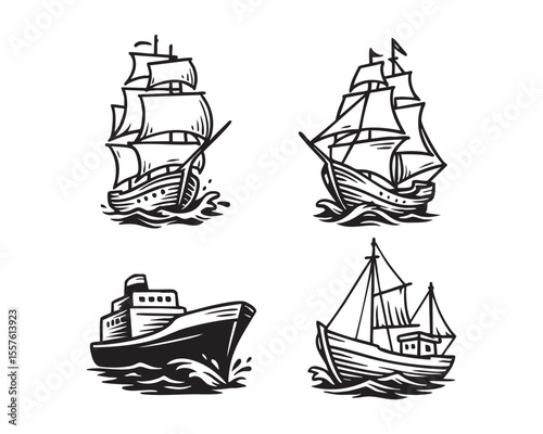 Vector Set of Vintage Ships Including Sailboats and Fishing Boat