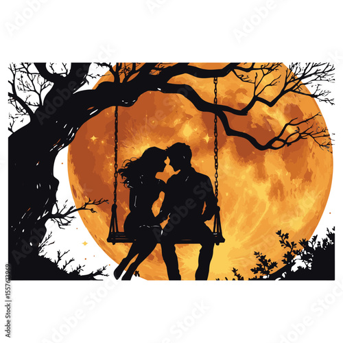 Romantic couple silhouetted on a swing under a large orange moon