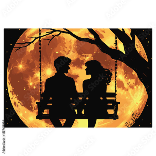Couple silhouetted on a swing beneath a large glowing orange moon