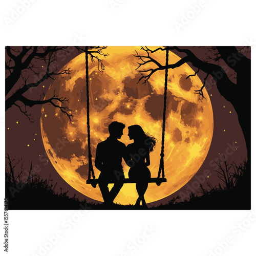 Couple silhouetted on a swing beneath a large glowing orange moon