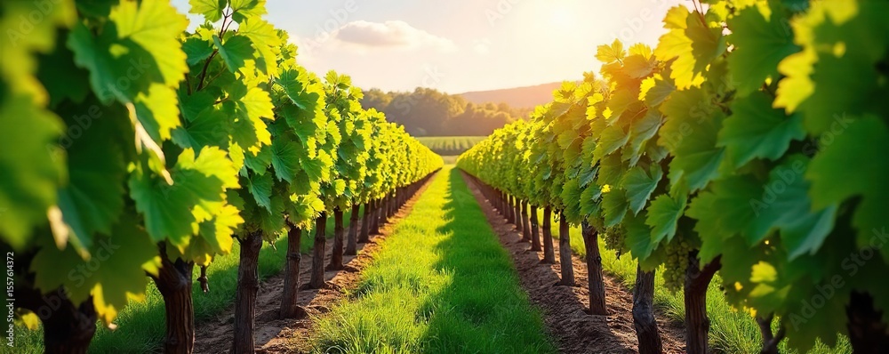 Fototapeta premium Sun-Drenched Vineyard Rows of Lush Grapevines Heavy with Ripe Grapes, a Picturesque Scene of Rural Beauty and Agricultural Abundance, Perfect for Wine Country Imagery