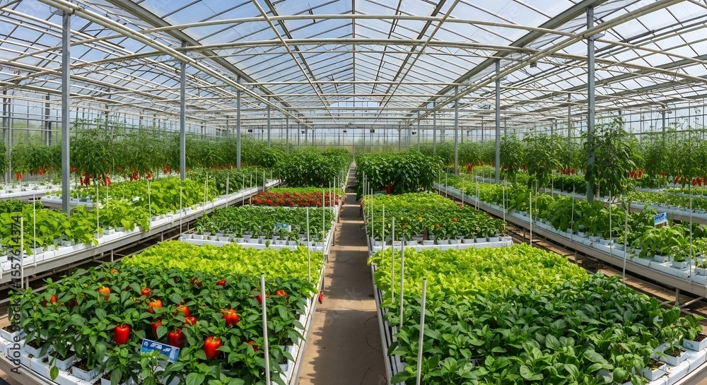 © rakhul - Interior view of a large greenhouse filled with rows of various cultivated plants.