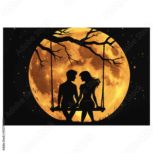 Romantic couple silhouetted on a swing under a large golden moon