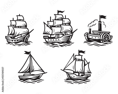 Vector Vintage Boat Collection with Sailing Ships and Viking Longboat