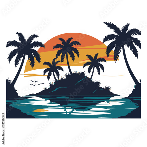 Tropical island silhouette with palm trees at sunset over calm ocean water