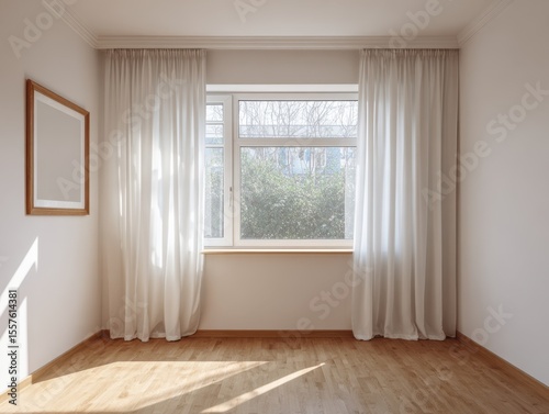 A room with a window and white curtains. The curtains are open and the window is letting in sunlight