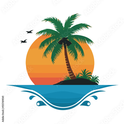 Tropical island with palm tree and birds against a sunset sky over the ocean