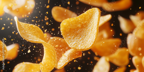 Crispy potato chips flying in air, creating dynamic and playful scene filled with energy and excitement