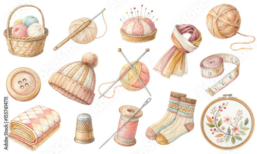 Watercolor Vector Set of Sewing, Knitting, Crochet, and Cozy Handicraft Supplies and Accessories