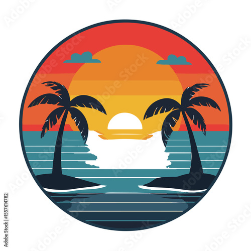 Retro sunset with palm trees on tropical islands over the ocean