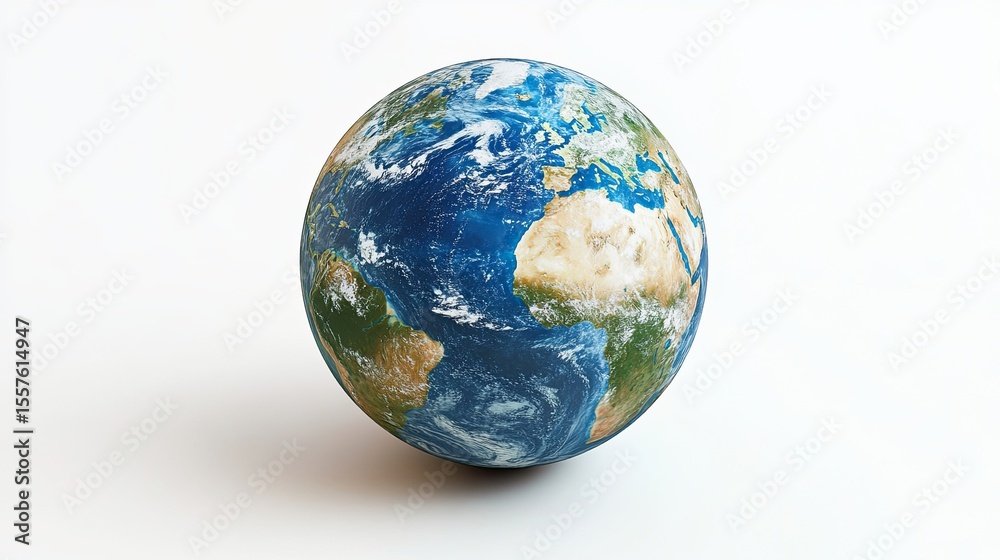 Fototapeta premium Shiny 3D sphere of Earth with realistic continents and glossy texture isolated on a clean white background