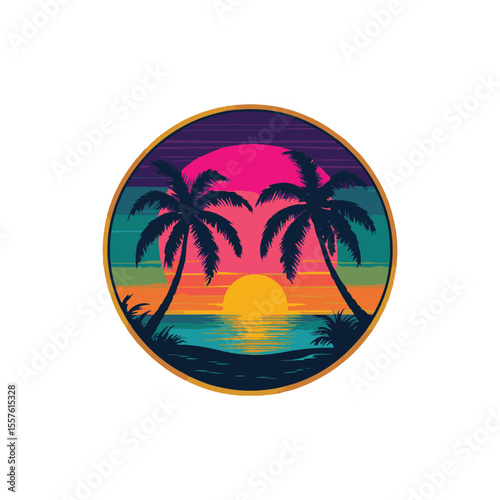 Retro sunset with palm trees reflected in the ocean water