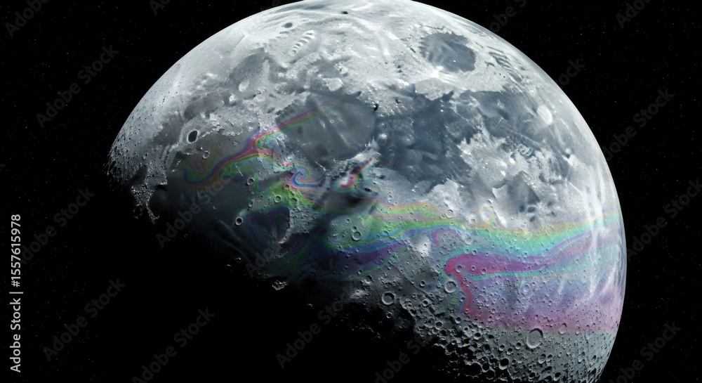 Naklejka premium Abstract Moon Surface with Rainbow Aurora Effects in Space