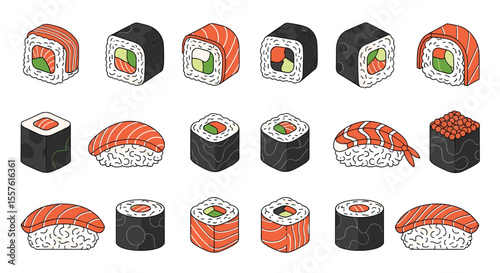 Vibrant Assortment of Popular Japanese Sushi Rolls and Nigiri Varieties for Culinary Delight