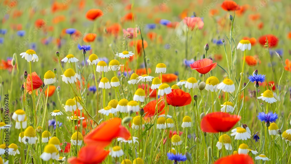 Fototapeta premium Lush Autumn Meadow with Colorful Wildflowers and Gentle Breeze, Dreamy Natural Landscape