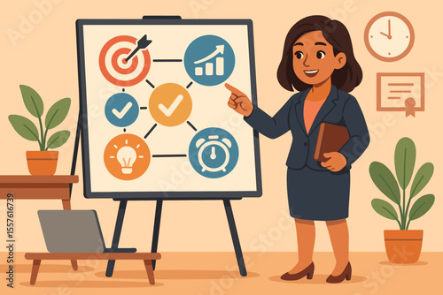 Business woman presenting SMART goals for project success and career growth. Professional manager planning strategy. Specific, measurable, achievable, relevant, time-bound vector.