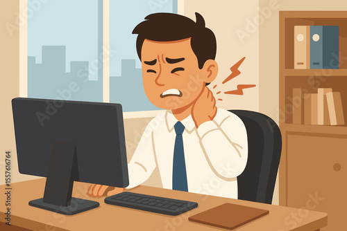 Businessman in office with neck pain from computer work. Cartoon illustration of office syndrome, burnout, stress, and poor posture causing muscle ache and fatigue. Vector character.