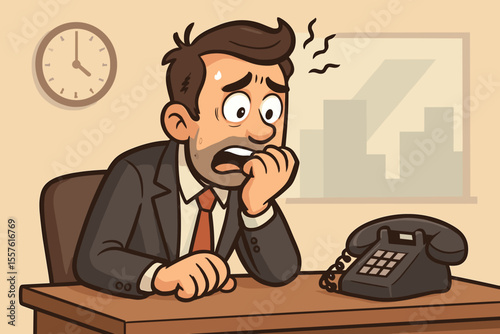 Stressed businessman anxiously waiting for a phone call at an office desk. A worried man biting his nails in anticipation of bad news. Corporate pressure and deadline fear concept. Vector.