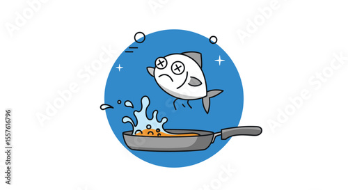 Funny cartoon fish jumps out of hot frying pan with water splashing everywhere