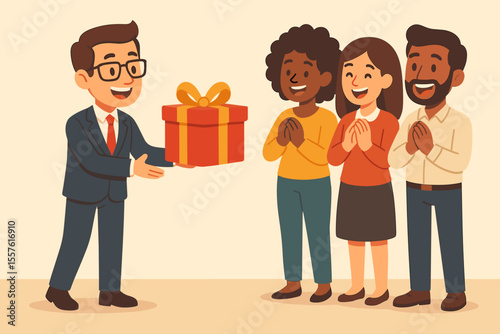 Businessman giving a gift box to a diverse team. Concept of generosity, employee appreciation, bonus, corporate social responsibility, CSR. Happy multicultural people receiving a present.