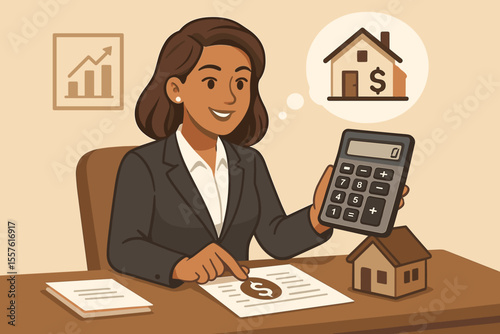 Banker with calculator and house model for mortgage loan. Financial advisor planning budget for new home. Real estate investment and savings concept. Cartoon vector illustration.