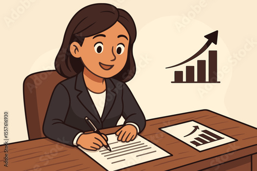 Businesswoman signing a contract for an investment agreement. Concept of future ventures, success, partnership, and financial growth. Female entrepreneur closing a deal. Vector cartoon.