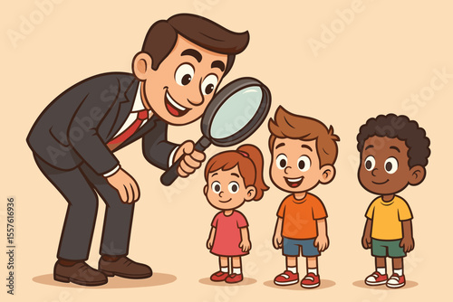 Businessman talent scout with magnifying glass searching for gifted children. HR manager recruiting future employees. Concept of finding potential, prodigy, and human resources.