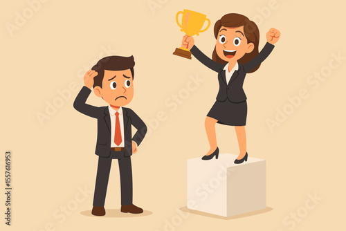 Successful businesswoman holding a gold trophy on the winner's podium. A defeated businessman looks sad. Business competition, victory, achievement, and gender rivalry concept.