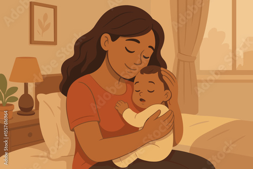 Loving black mother cuddling her sleeping newborn baby. Tender embrace, maternal care. Happy motherhood, family affection. Concept vector flat cartoon illustration in a cozy bedroom.