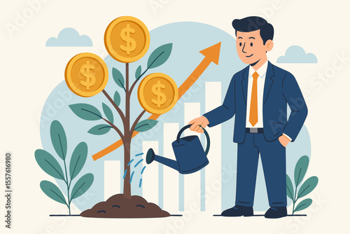 Businessman watering money tree with dollar coins. Financial investment growth strategy concept for long-term success. Business profit, wealth, and savings cartoon vector illustration.