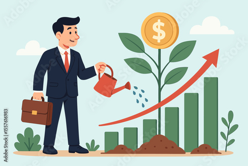 Financial investment growth strategy concept. Businessman watering a money tree with a dollar coin for long-term success. Profit increase bar chart. Vector cartoon metaphor.