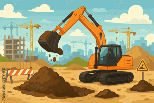 Construction site with heavy machinery. Excavator digging ground with a scoop. Industrial background with cranes and building under construction. Vector cartoon illustration concept.