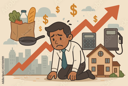 Metaphor for inflation, recession, and economic crisis. Stressed man defeated by rising cost of living. High prices on groceries, fuel, and housing. Financial hardship, debt, and poverty.