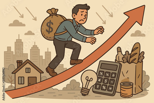 Metaphor of inflation and rising cost of living. A man struggles with a financial burden on an arrow graph. Economic crisis, recession, debt from housing, food, utility expenses.