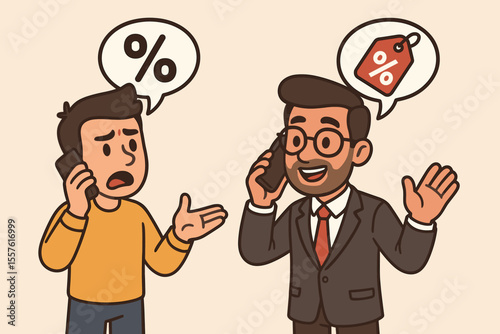 Customer negotiating a discount with a salesman over the phone. Man asking for a lower price. Concept of bargaining, sales, and special offers. Vector cartoon illustration of a deal.