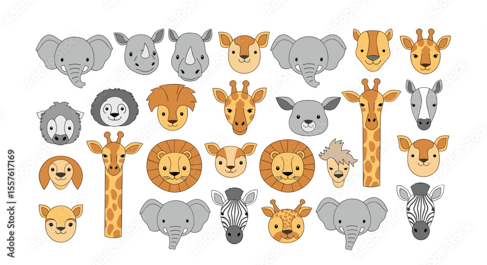 Obraz premium Collection of Cute Cartoon Safari Animal Faces for Childrens Designs