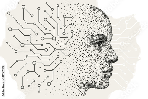 Human head profile made of particles merging into a circuit board. Artificial intelligence, machine learning concept. Digital technology, futuristic cyborg, data network vector illustration.