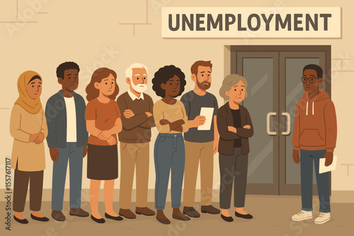 Diverse group of sad unemployed people queuing at the unemployment office. Job loss, economic crisis, and financial hardship concept. Vector illustration of men and women waiting.
