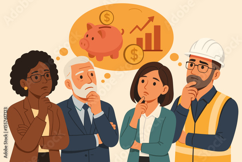 Diverse group of professionals contemplating retirement savings and financial planning. Multi-ethnic workers thinking about future money, investment growth, and pension funds. Vector cartoon.