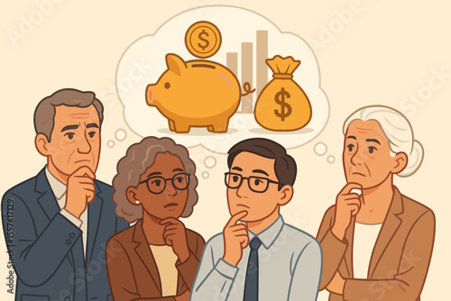 Multiracial group of employees worried about retirement funds and financial future. Pensive people contemplating savings, investment, and pension plans. Vector cartoon concept.