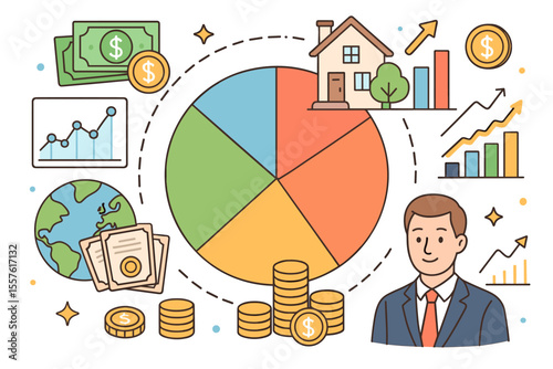 Diversified investment portfolio structure and asset allocation strategy. Financial planning for wealth management with stocks, real estate, bonds, and global investments concept.