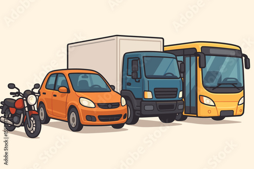Collection of cartoon vehicles. Motorcycle, car, delivery truck, and public transport bus lined up. Vector illustration set for transportation, traffic, logistics, and travel concepts.