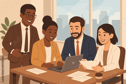 Diverse business team collaborating in a modern office setting. Multicultural professionals at a meeting, working on a laptop. Teamwork and corporate discussion concept. Vector illustration.