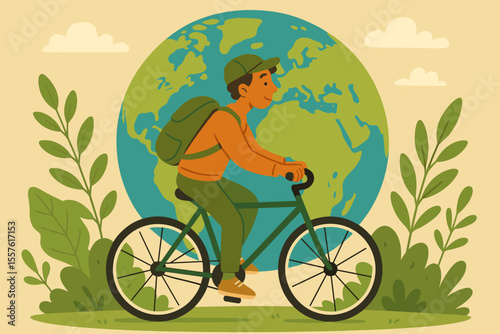Eco-friendly man riding bicycle for sustainable transport. World Earth Day concept with cyclist and globe. Green lifestyle, climate action, save the planet. Vector cartoon illustration.